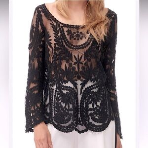 LOOKBOOK STORE Black embroidered lace sheer boho gypsy swim cover blouse size S